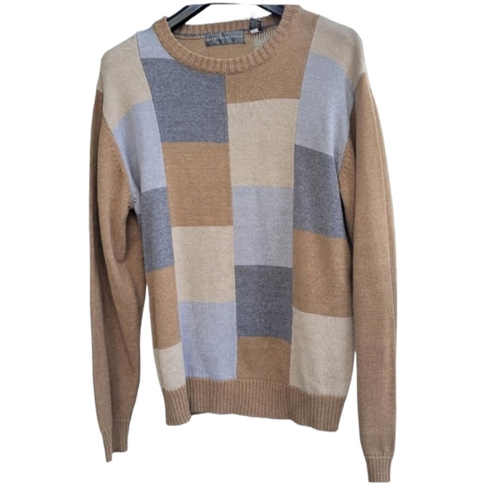 Oscar de la Renta Mens Crew Neck Sweater Browns Grays Colorblock XL.